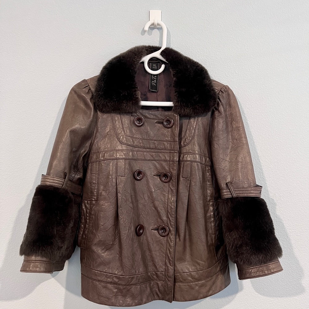 Brown Lambskin Leather with Fur Collar and Cuffs